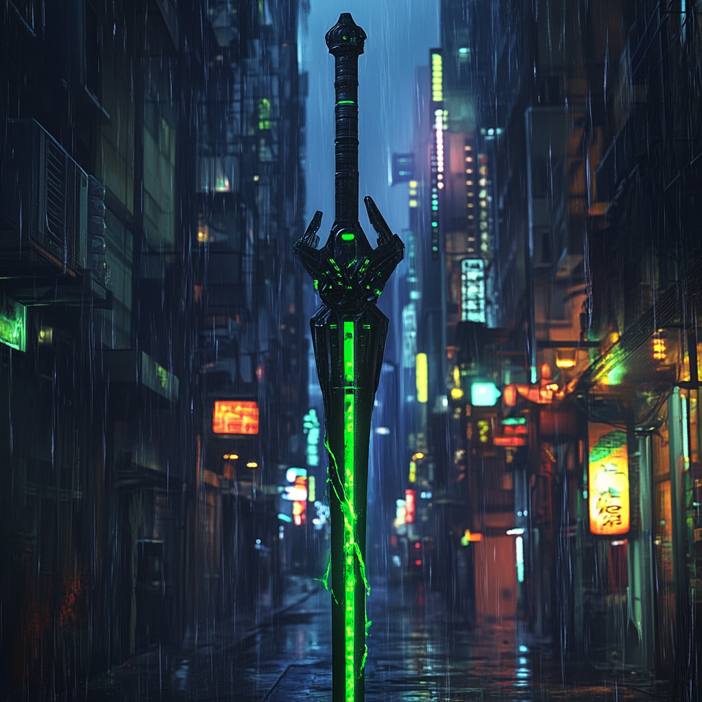 Futuristic Black Spear Glowing Green in Neon City