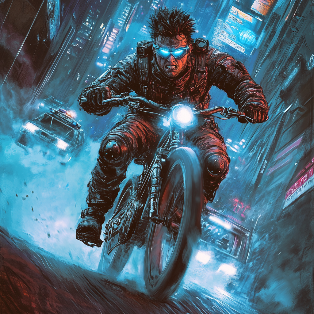 Futuristic Chase: Cyberpunk Cyclist vs High-Tech Police