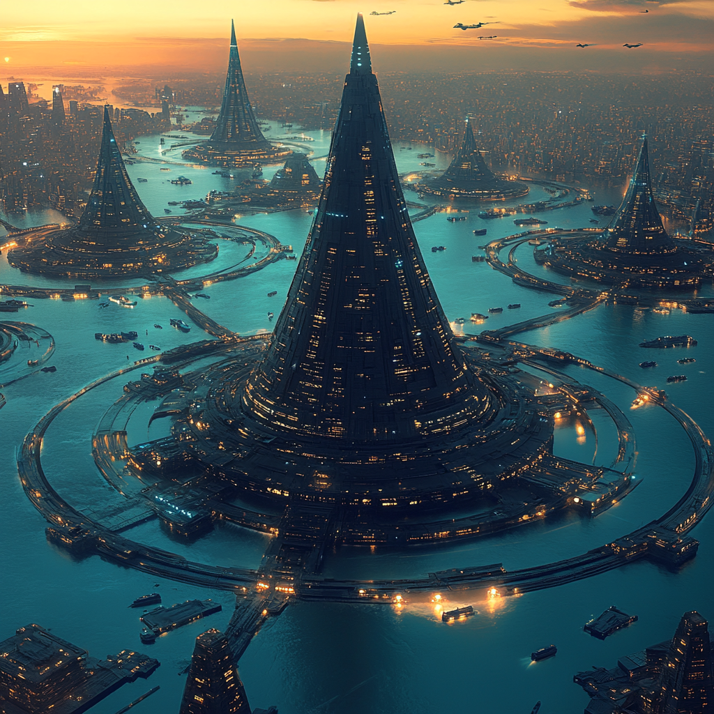 Futuristic City with Pyramid and Flying Vehicles