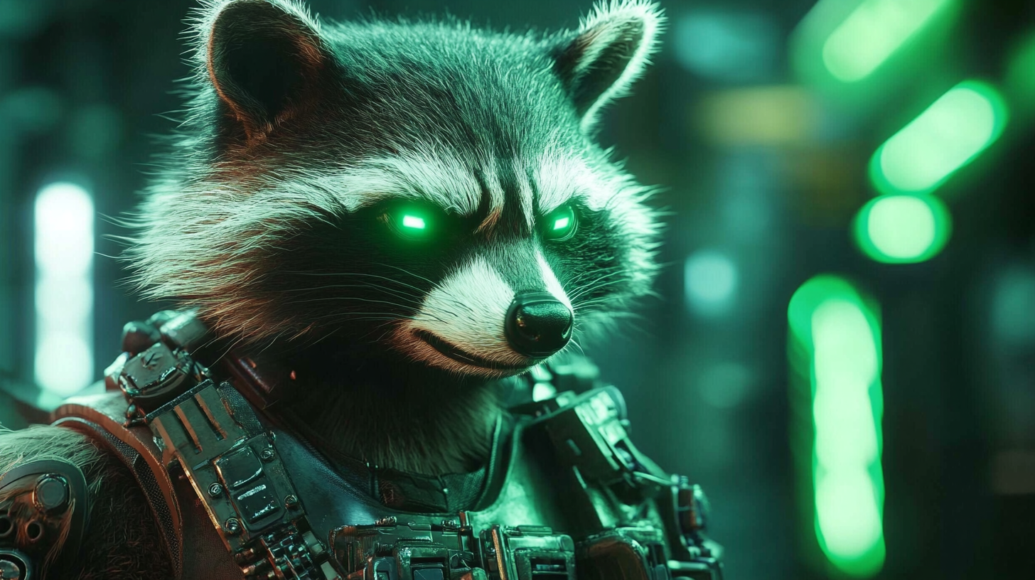 Futuristic Cyborg Raccoon in Green Neon Light