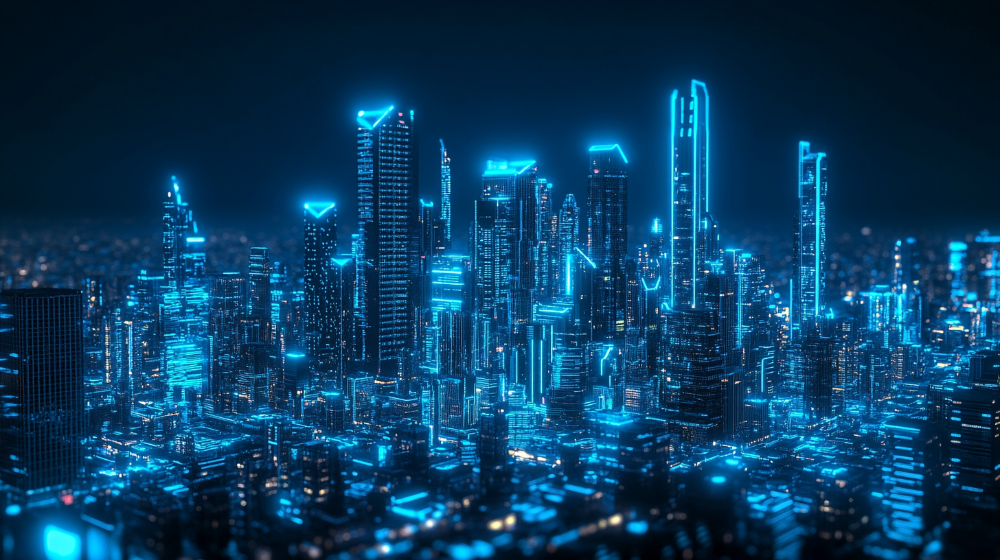 Futuristic Electric city with neon architecture and clear sky.