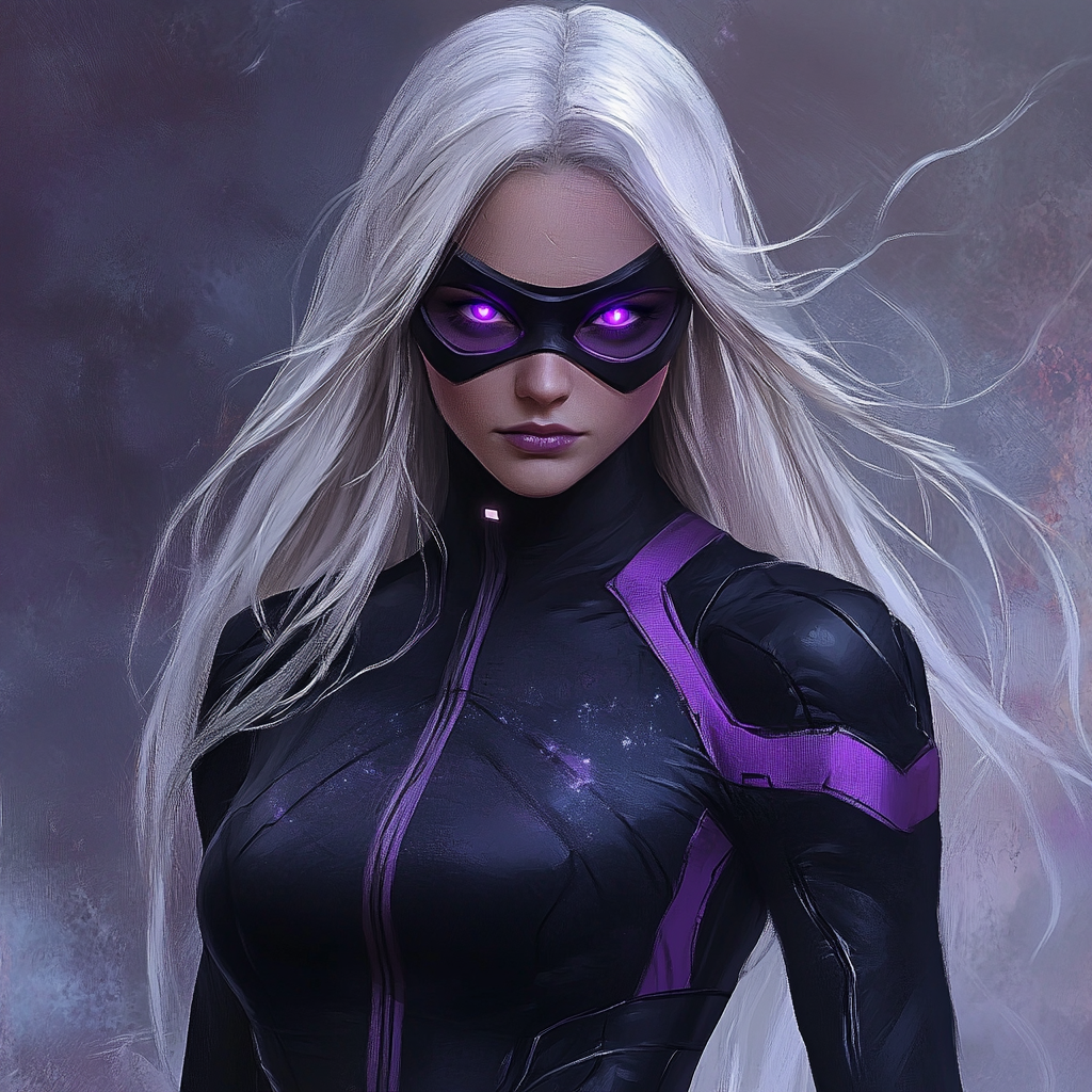 Futuristic Female Superhero in Black and Purple Costume 