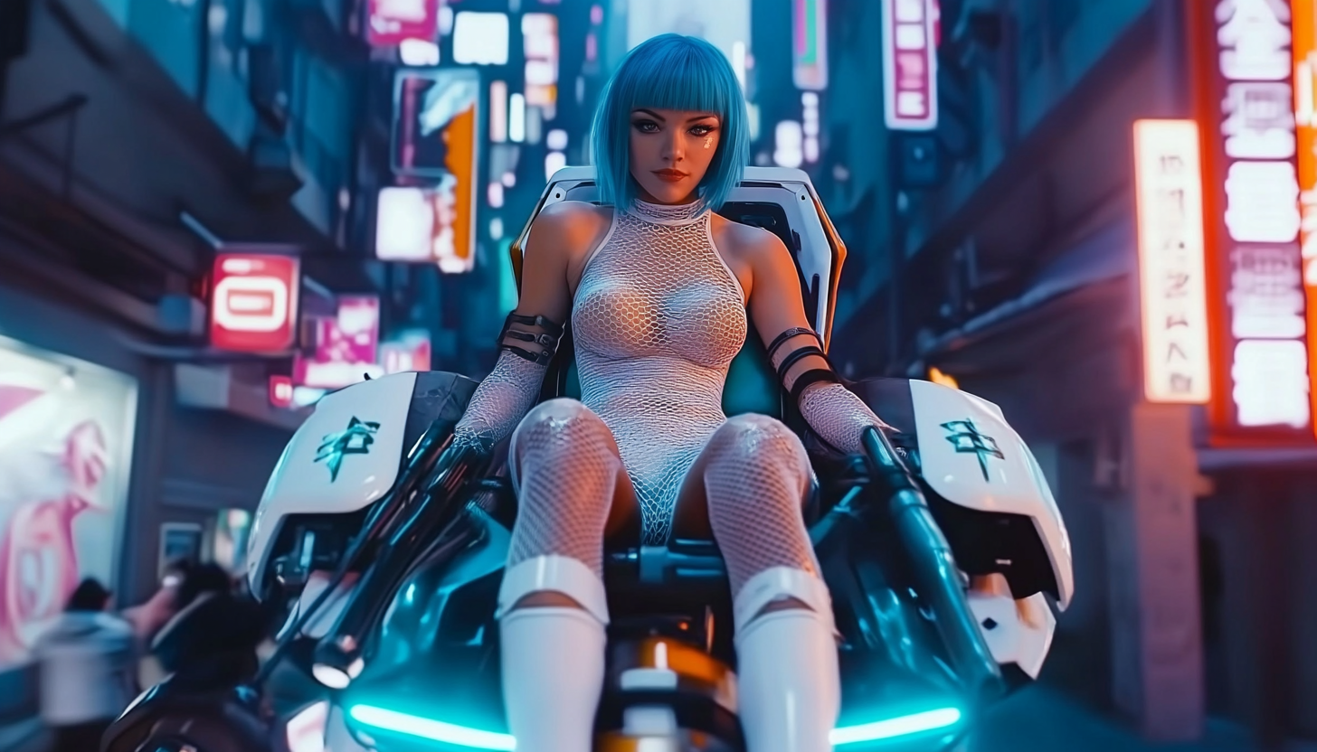 Futuristic Flying Bike Rider in Neon Cyber City