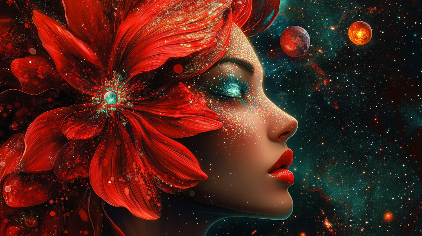 Futuristic Goddess with Red Flower on Venus Throne