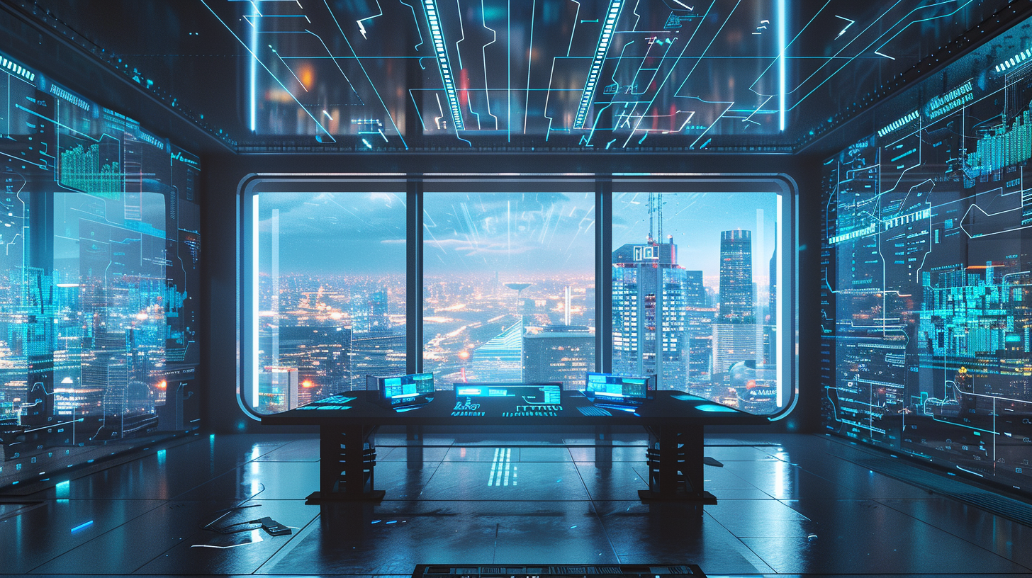 Futuristic High-Tech Office Interior with AI Circuitry Wall