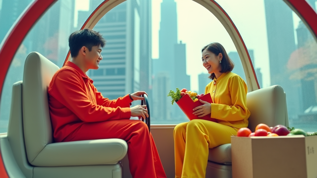 Futuristic Japanese Couple in Spaceship with Fruit