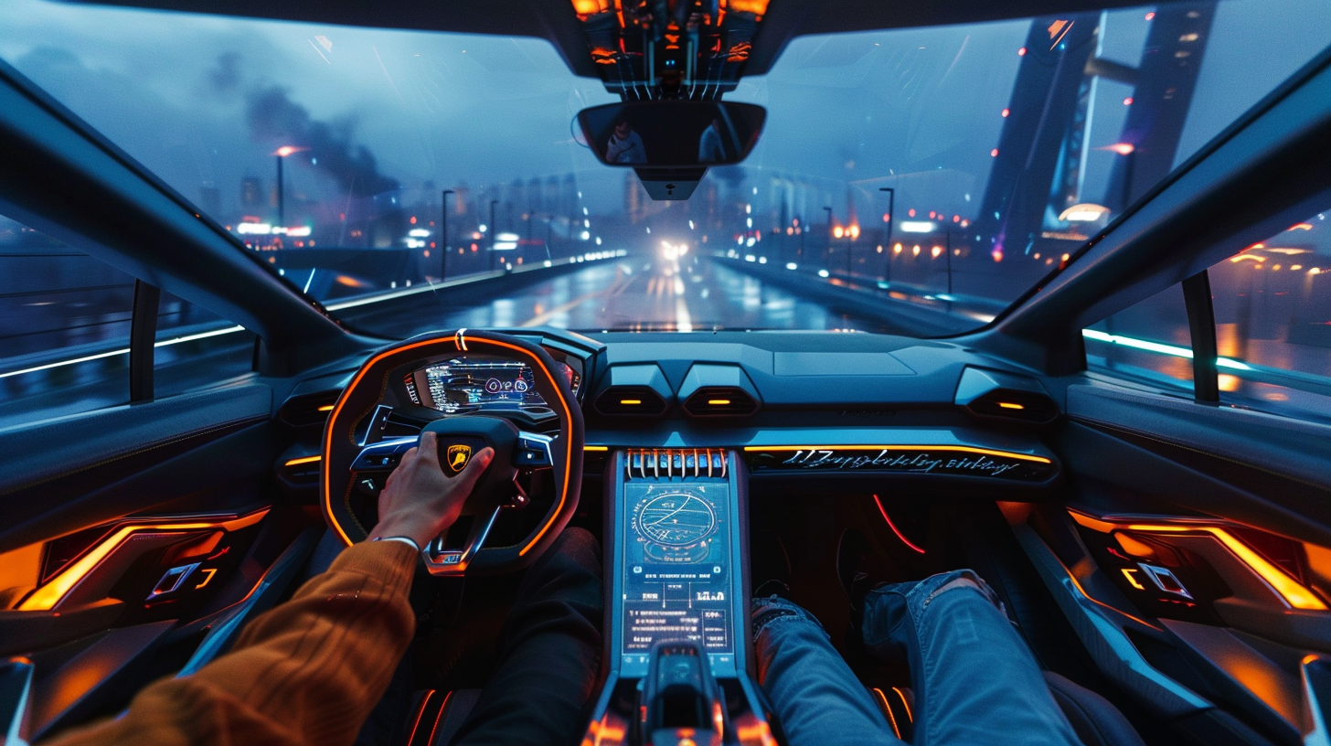 Futuristic Lamborghini Urus with Digital Screen, Driver on Bridge