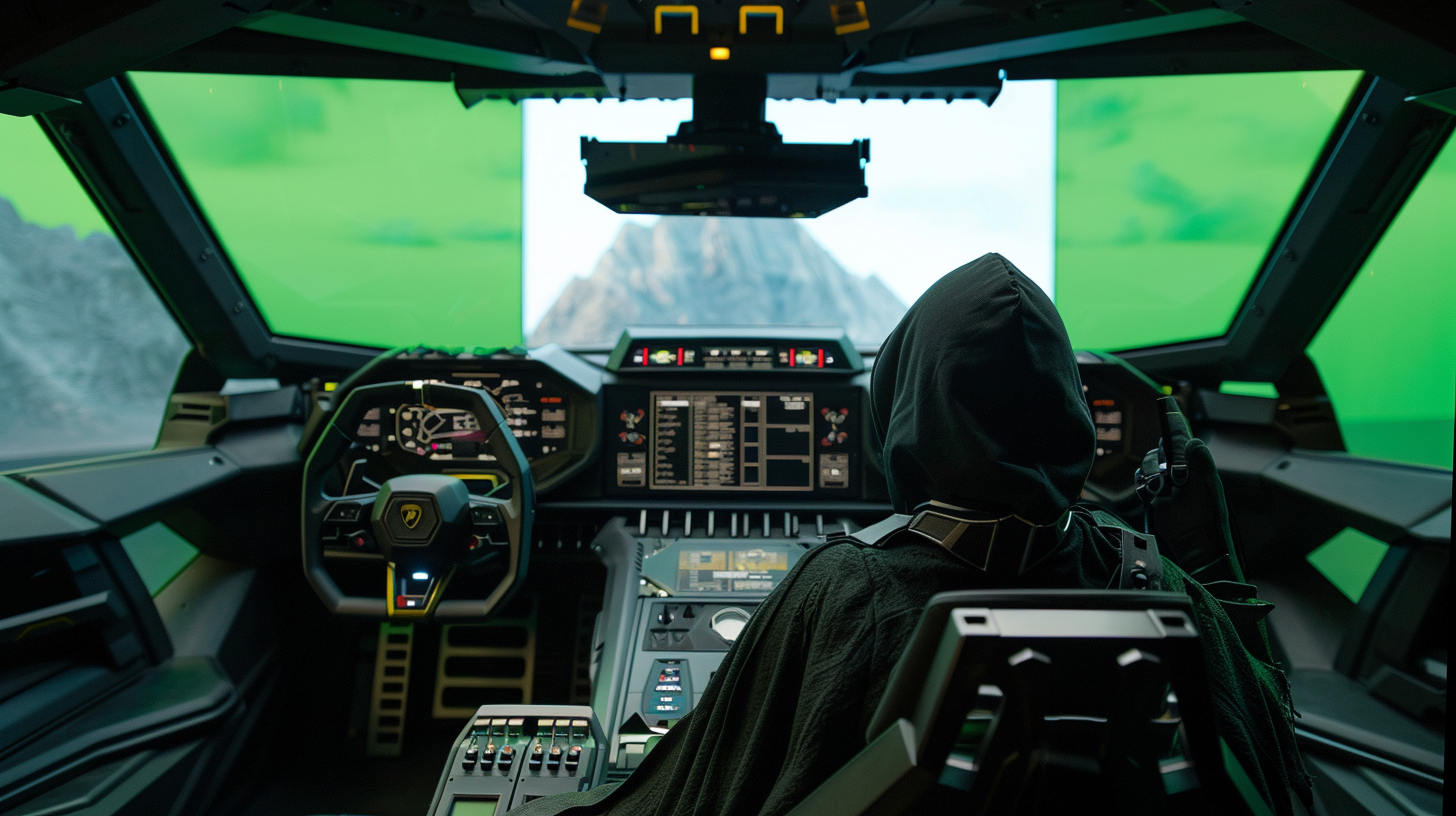 Futuristic Lamborghini cockpit with pilot in black cape.