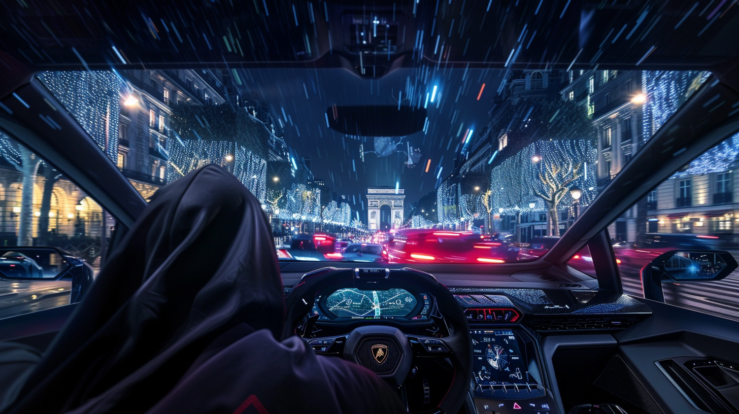 Futuristic Lamborghini with Man in Black Cape on Champs Elysées in Paris at Night