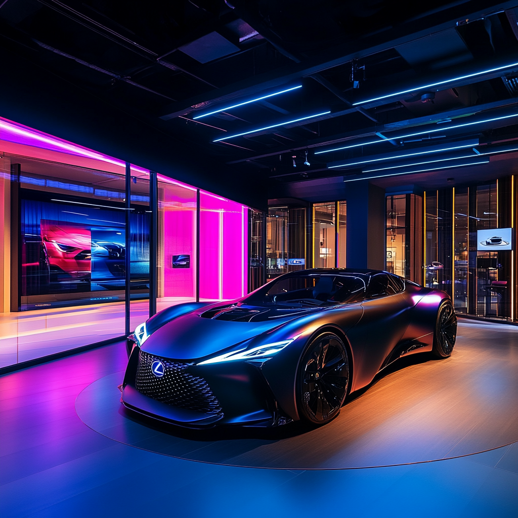 Futuristic Lexus car showcased in future showroom.