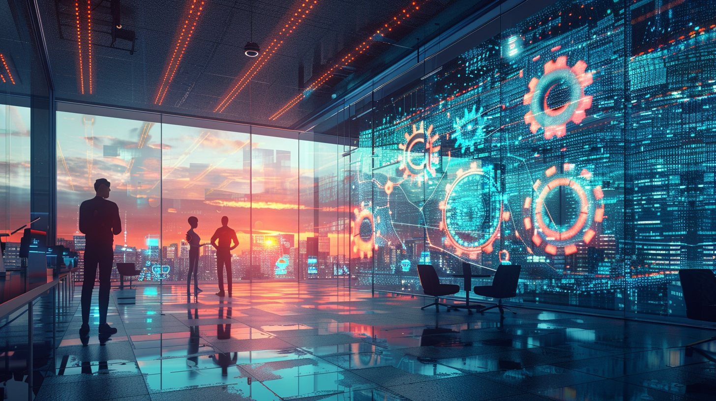 Futuristic Office Collaboration with holographic interfaces and city skyline