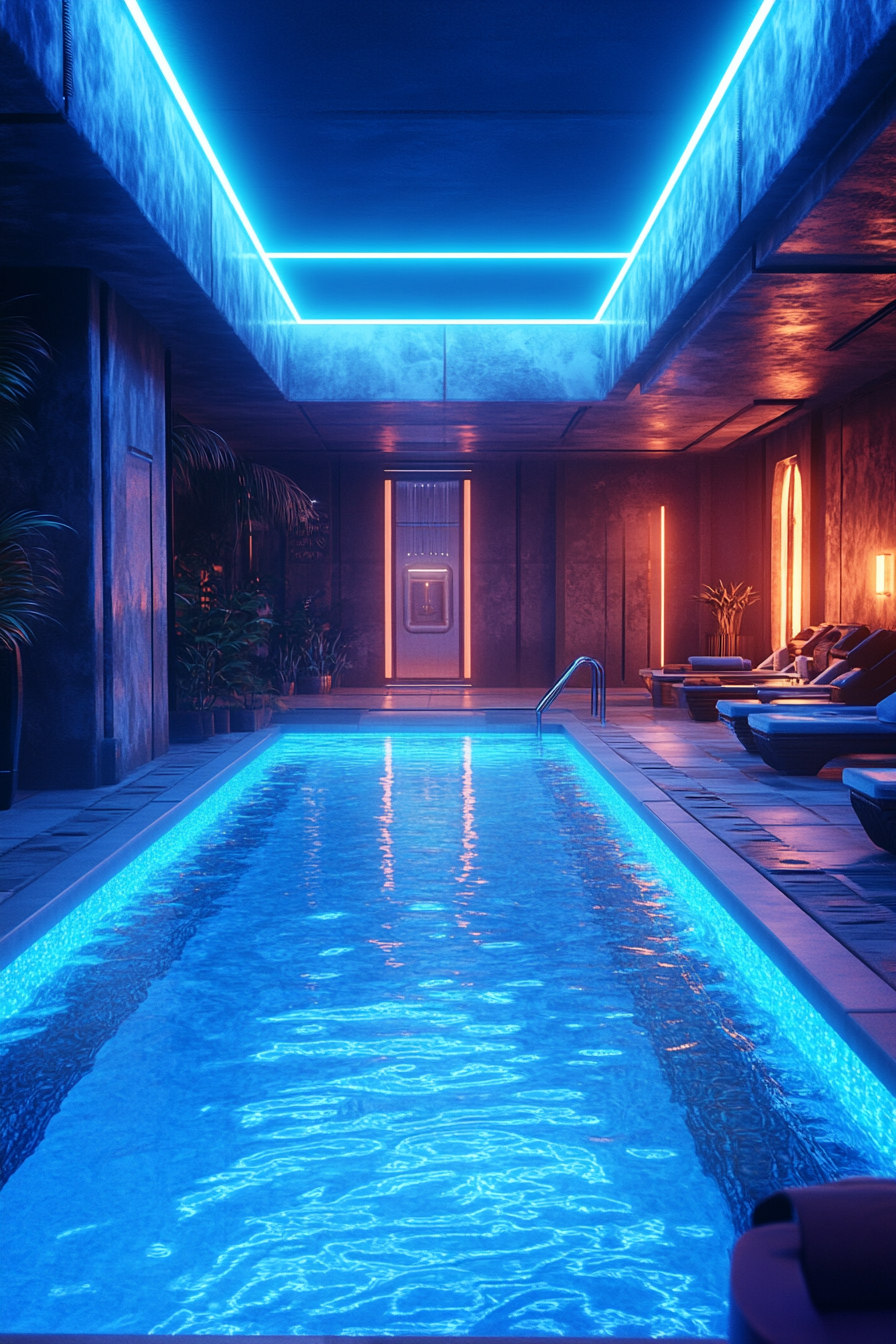 Futuristic Pool with Blue Neon Lighting and Anime Aesthetic