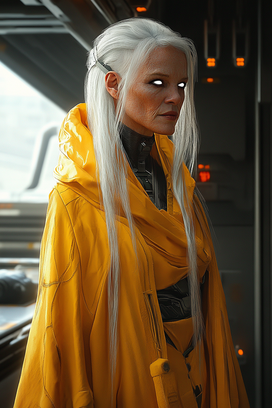 Futuristic Sci-Fi Portrait of Mature Woman, Orange Skin