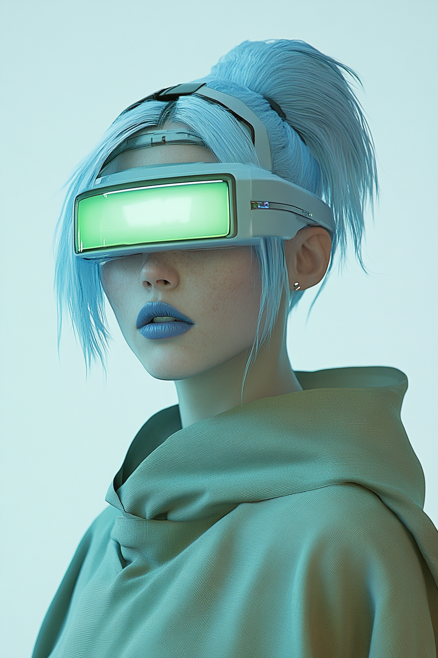 Futuristic Sci-Fi Woman Portrait, Powder Blue Hair, Green Robe