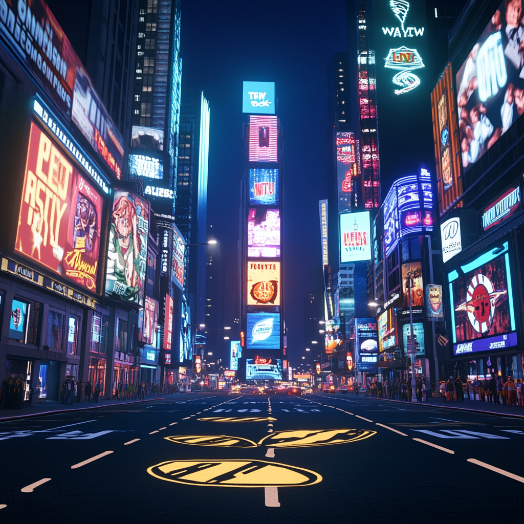 Futuristic Times Square with football billboards, no cars.