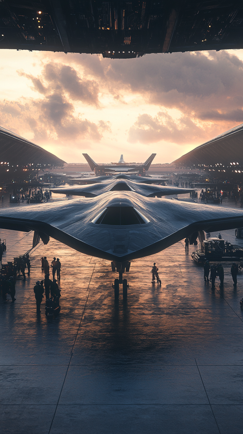 Futuristic airbase with B-21 Raiders being prepped. Hyper-realistic.