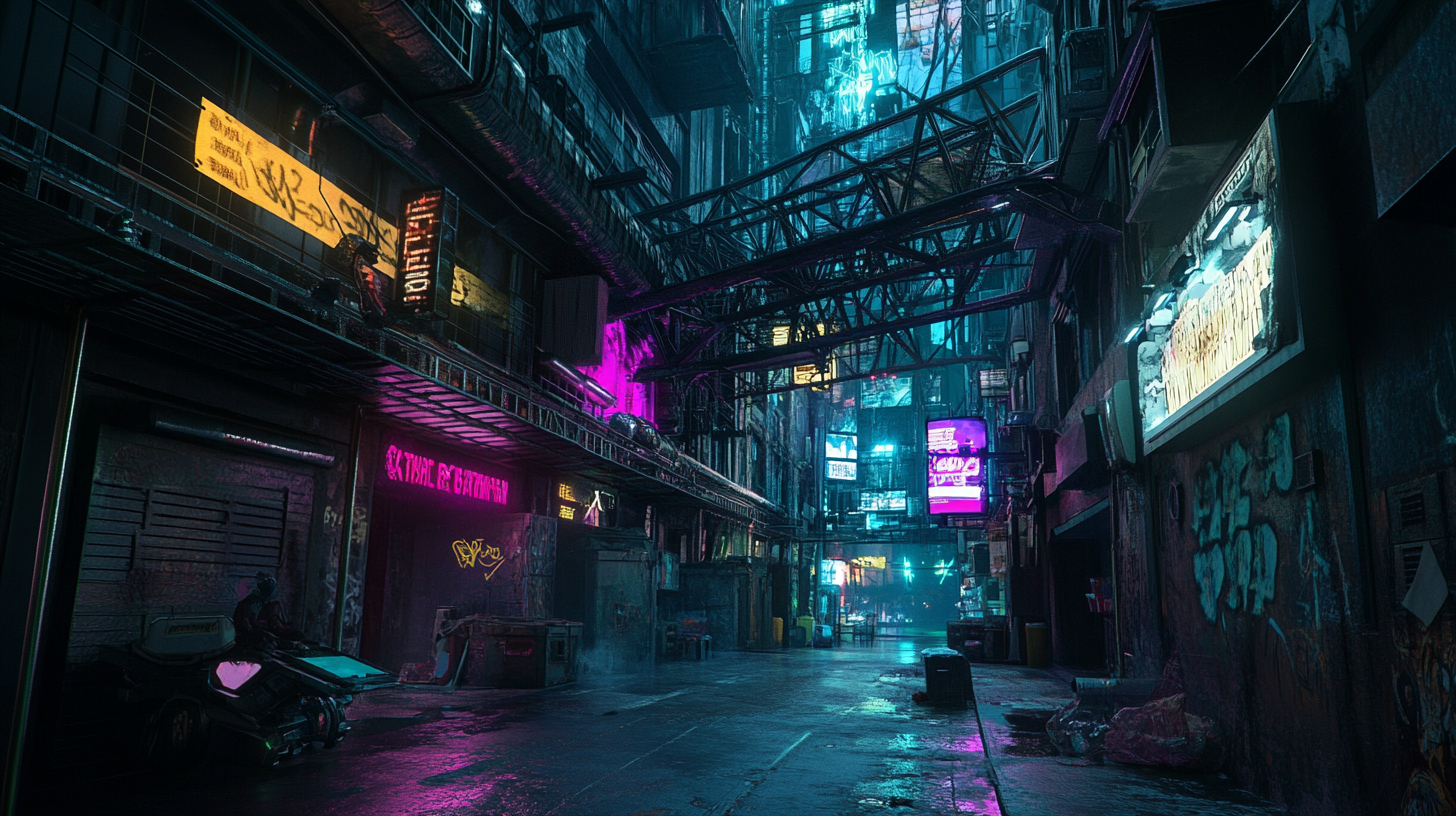 Futuristic alley at night with neon lights from billboards.