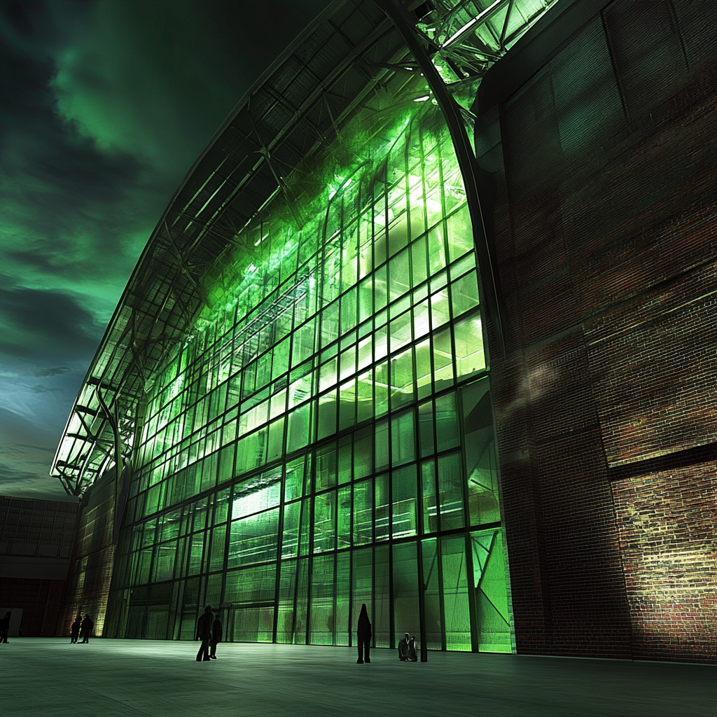 Futuristic arena with metal panels and glass atrium