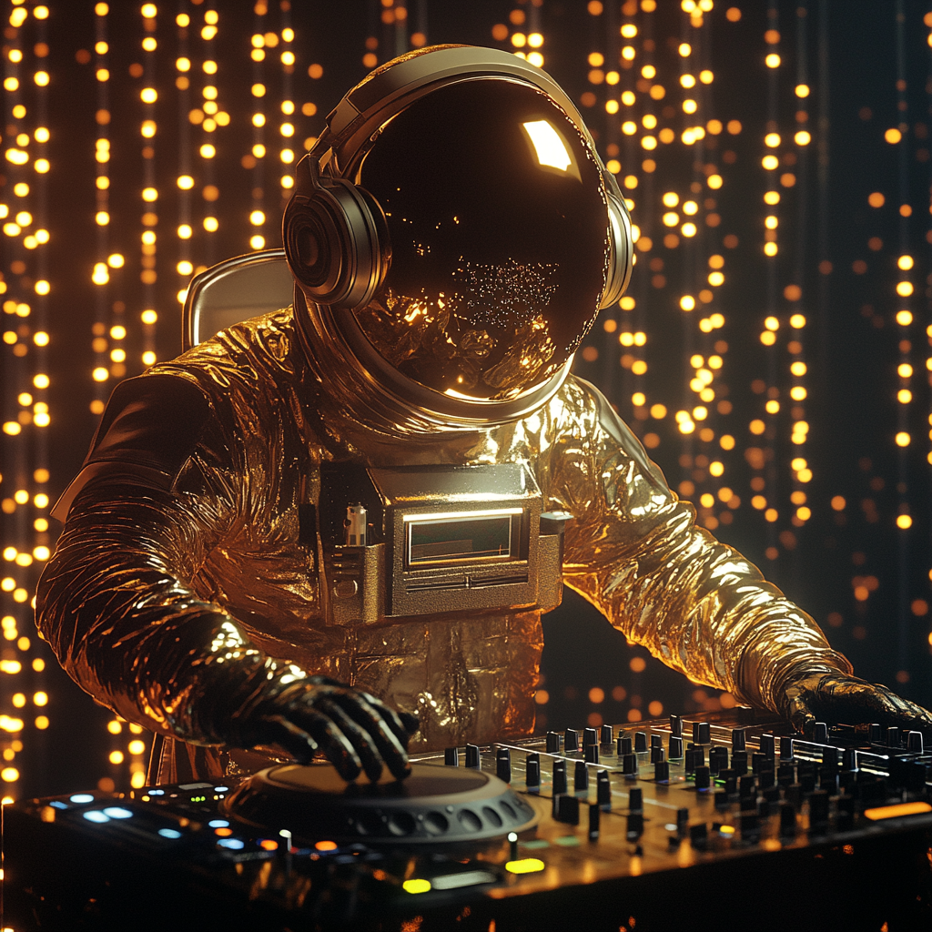 Futuristic astronaut at electronic party with neon lights