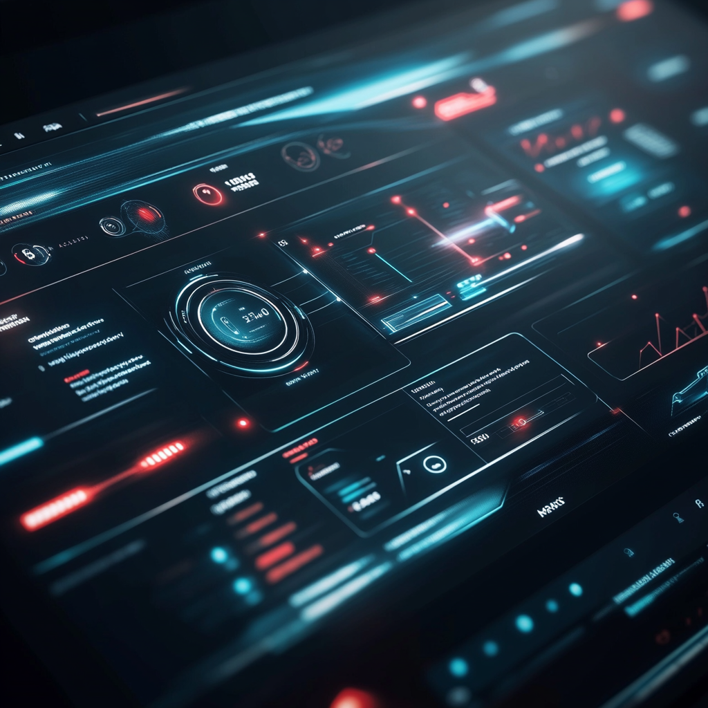 Futuristic automotive interface design with glassmorphism.