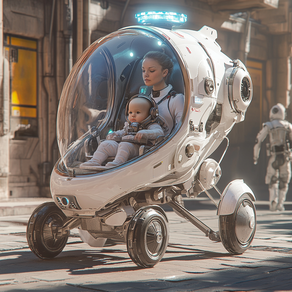 Futuristic baby stroller with armor, machine guns, and mom.