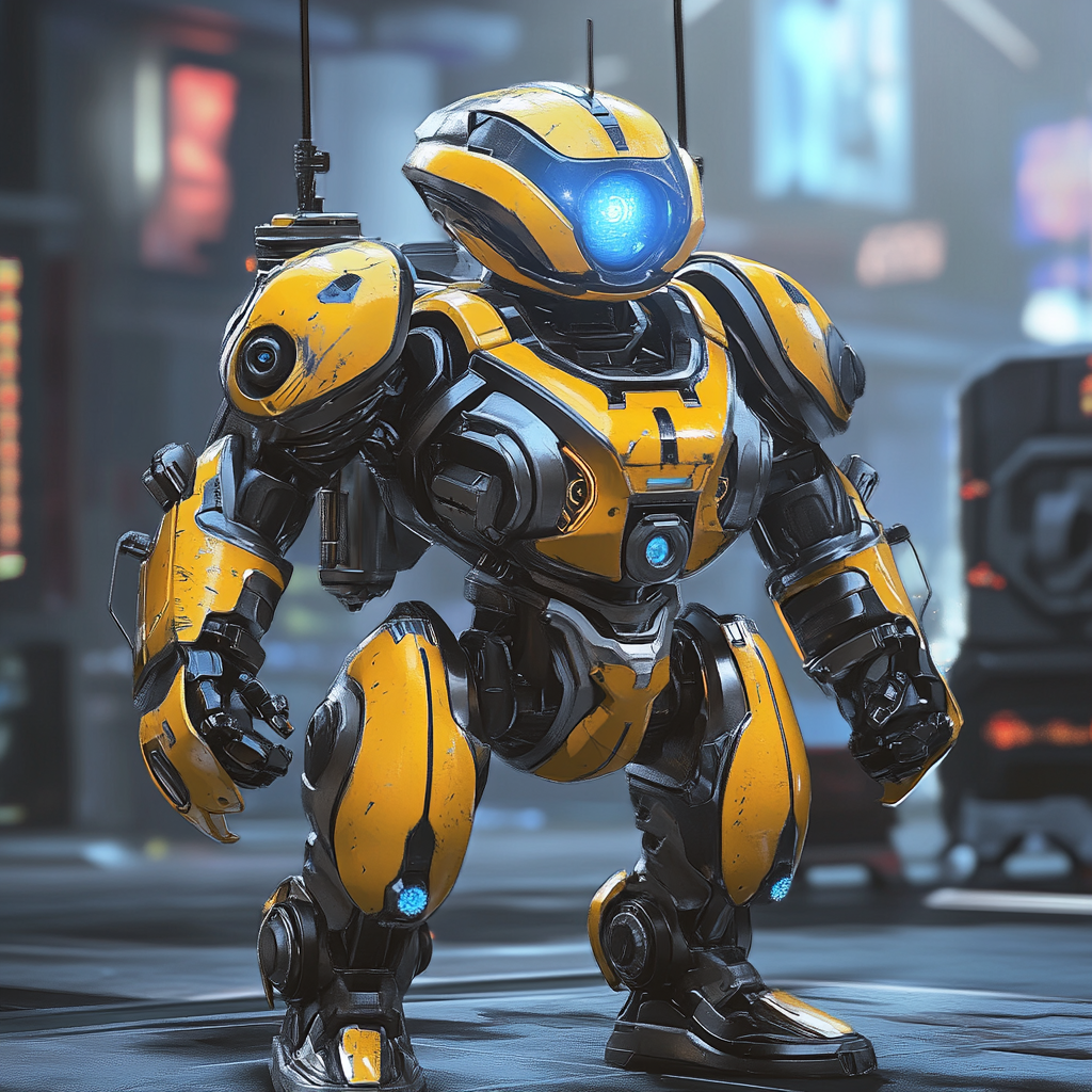 Futuristic battle robot with yellow armor, blue eyes. Ready for combat.