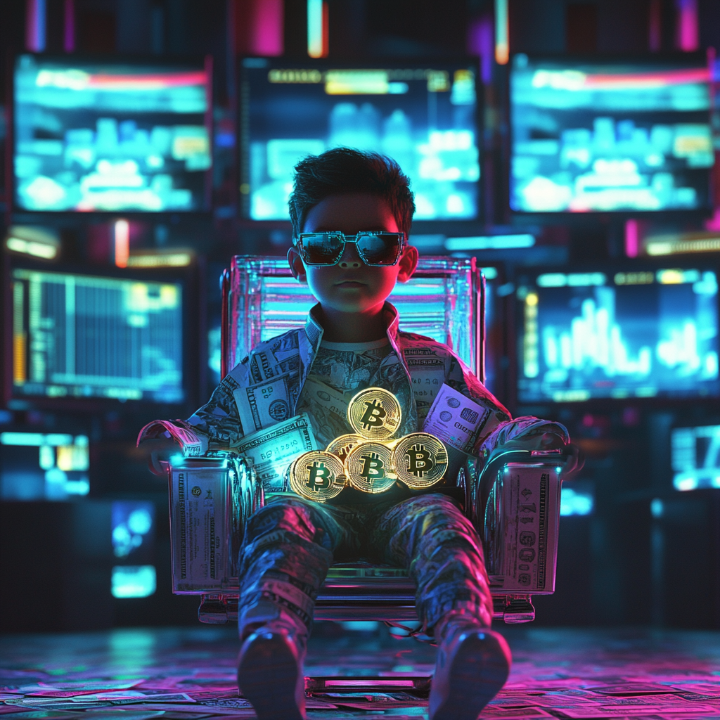 Futuristic boy with dollar chair and cryptocurrency coins.