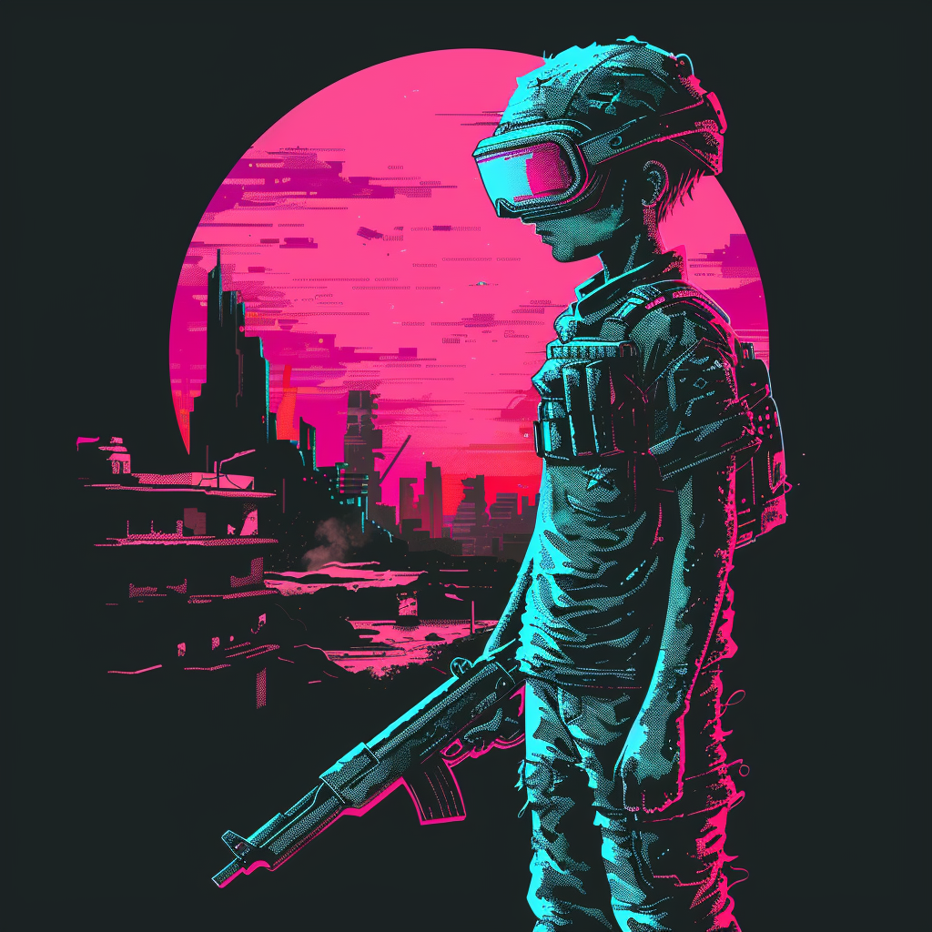 Futuristic child soldier in neon ruined city