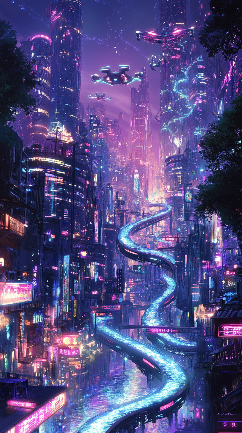 Futuristic city at dusk with magical forests and dragons.