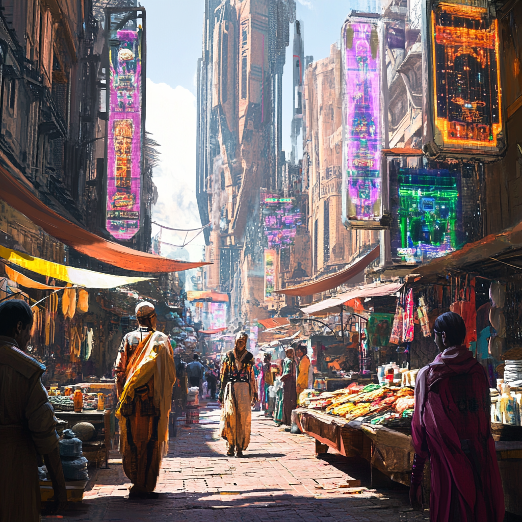 Futuristic city bazaar with exotic goods and holographic signs 