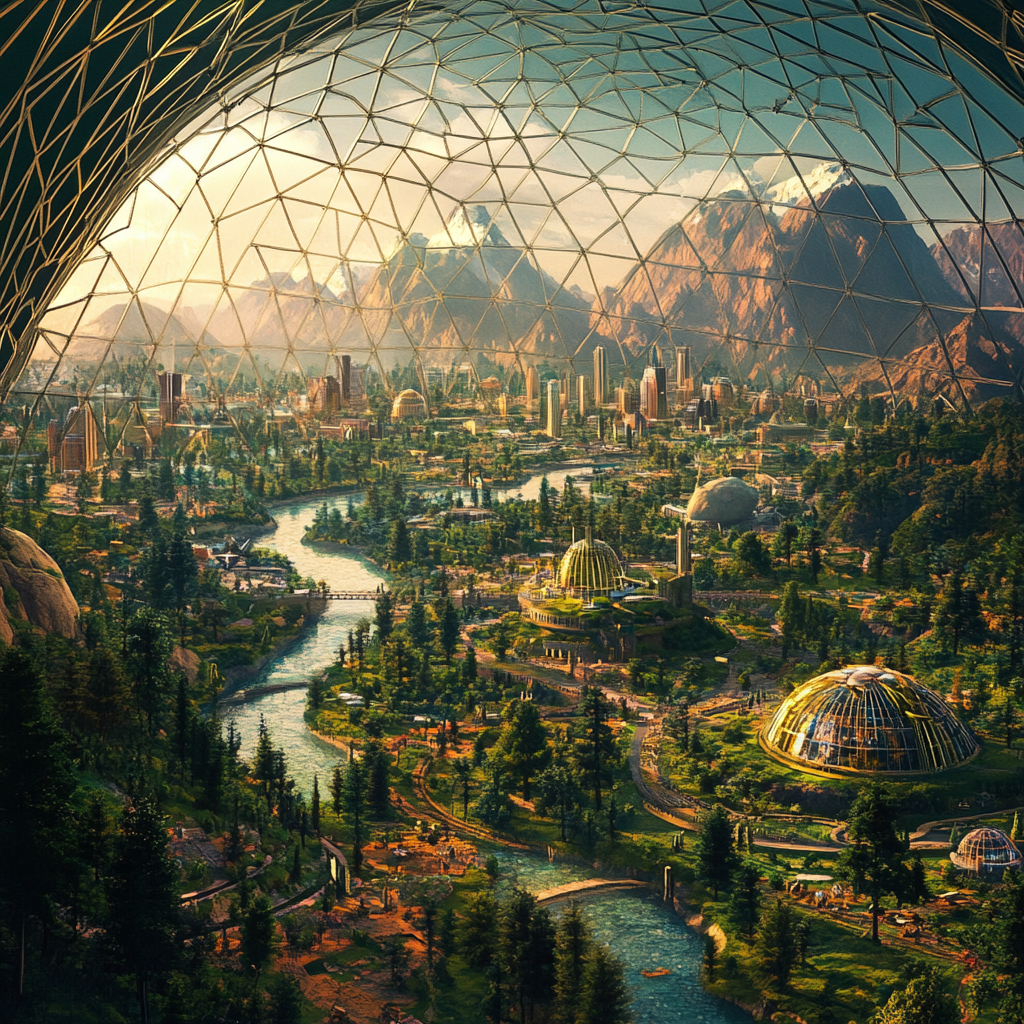 Futuristic city in dome with nature and technology blend.