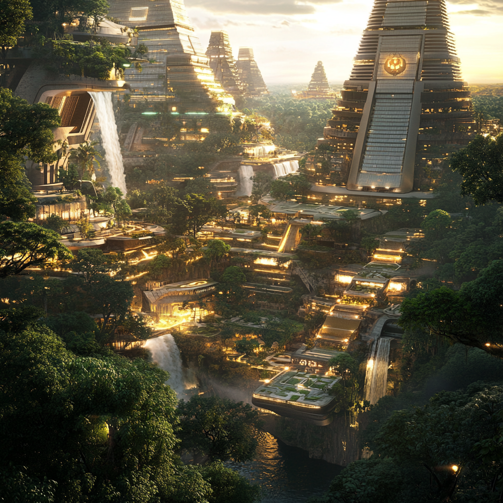 Futuristic city in lush jungle with Aztec-inspired design.