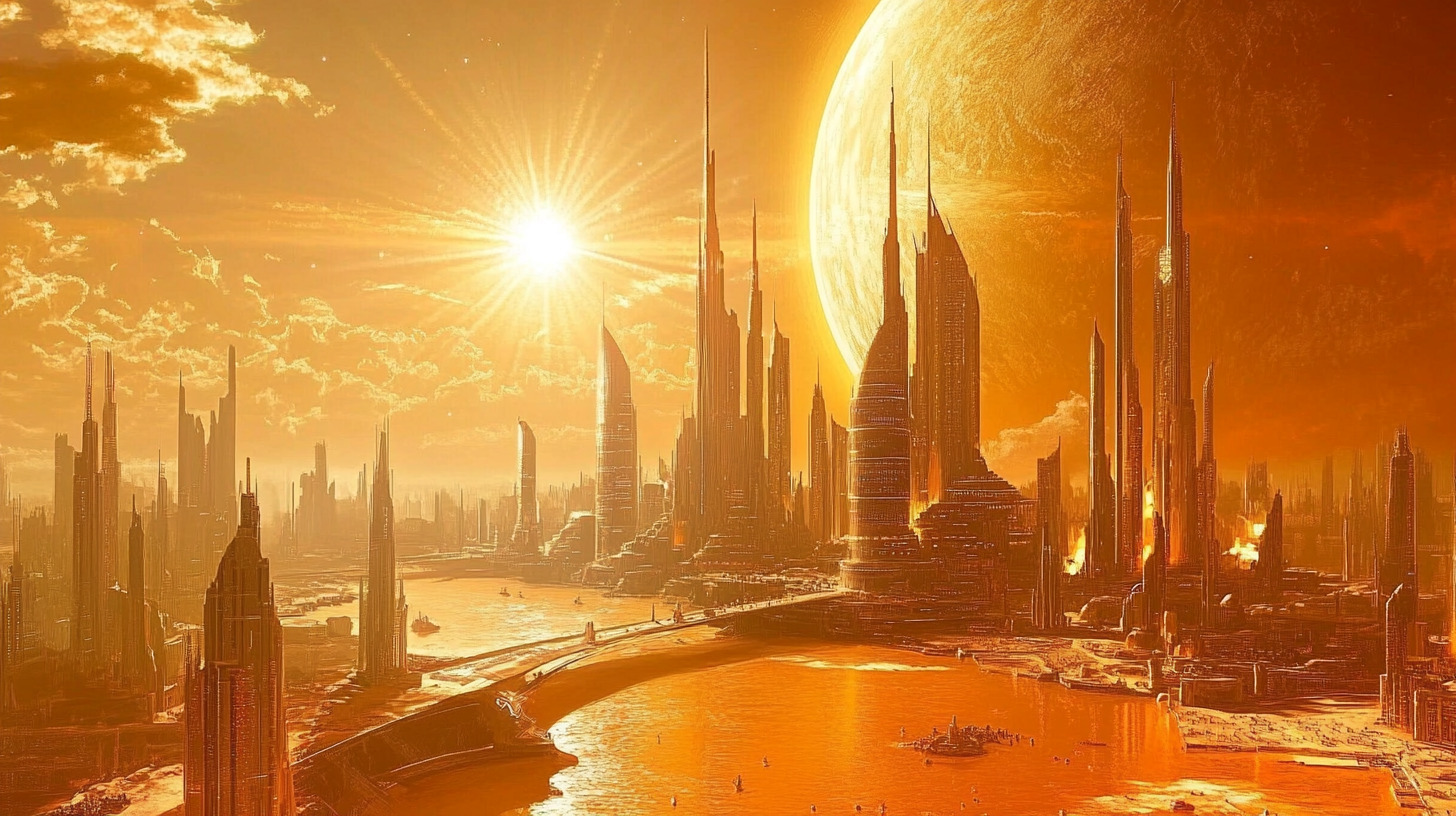 Futuristic city resembling Ancient Rome under red sun