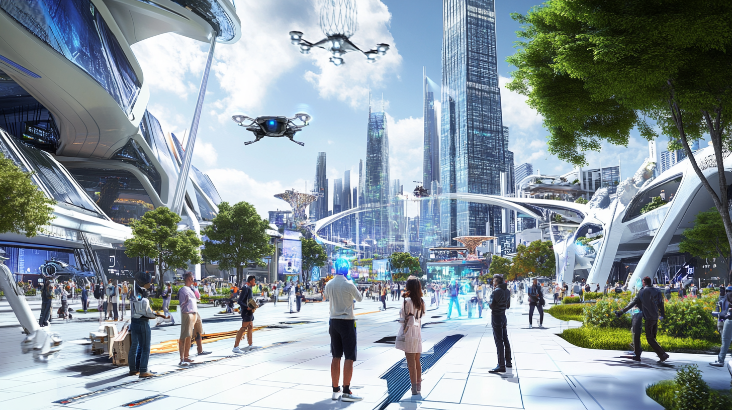 Futuristic city with holographic displays, smart infrastructure, diverse people.