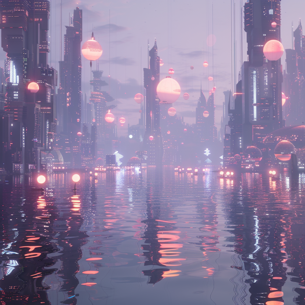 Futuristic city with tall skyscrapers floating above water.