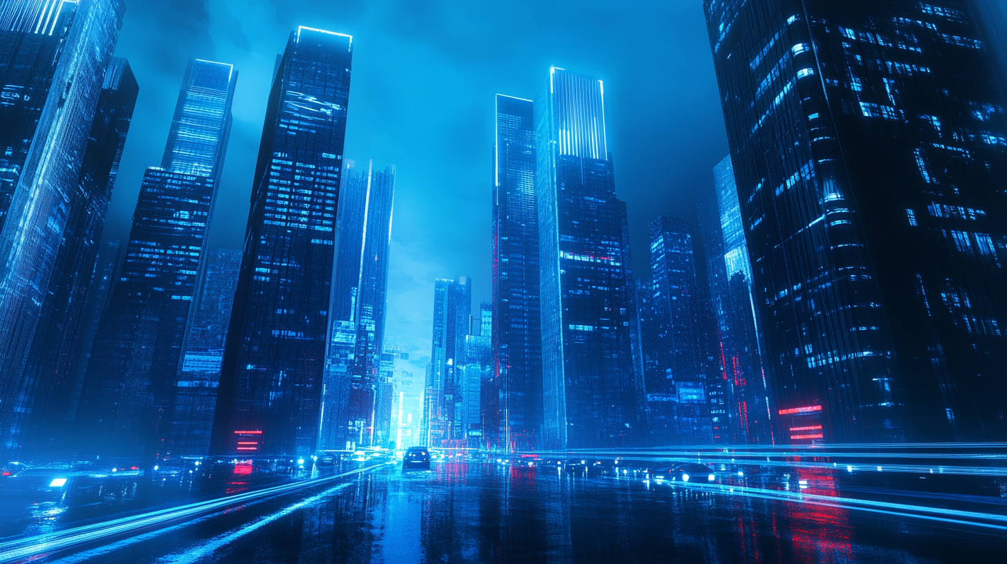 Futuristic cityscape with neon lights in blue background.