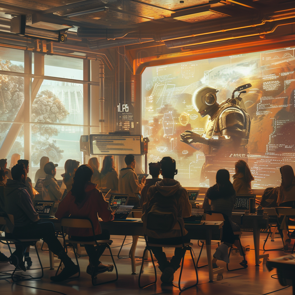 Futuristic classroom with teacher motivating students in hyperrealistic image.