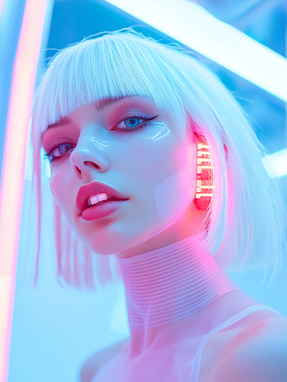 Futuristic female model in a club with neon colors