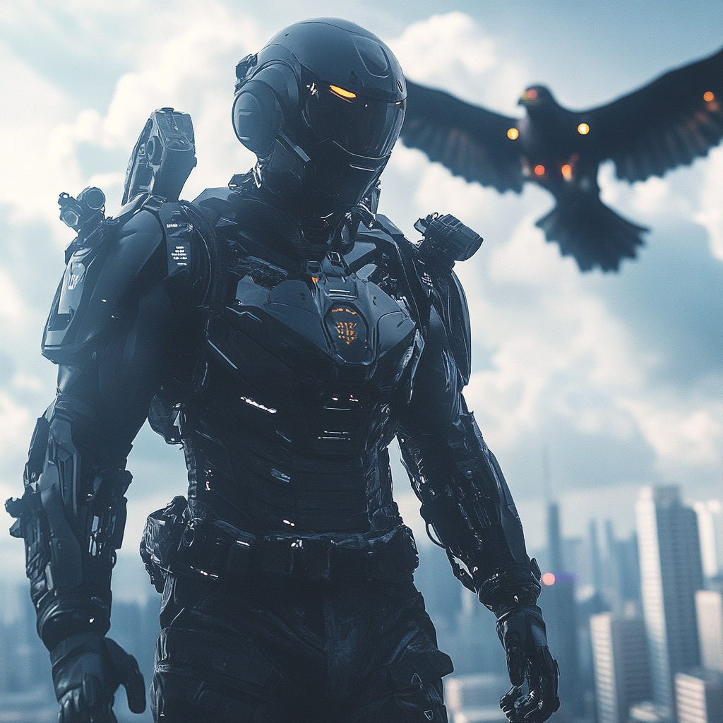 Futuristic combat suit with shoulder canons and lasers. Cyborg Eagle.