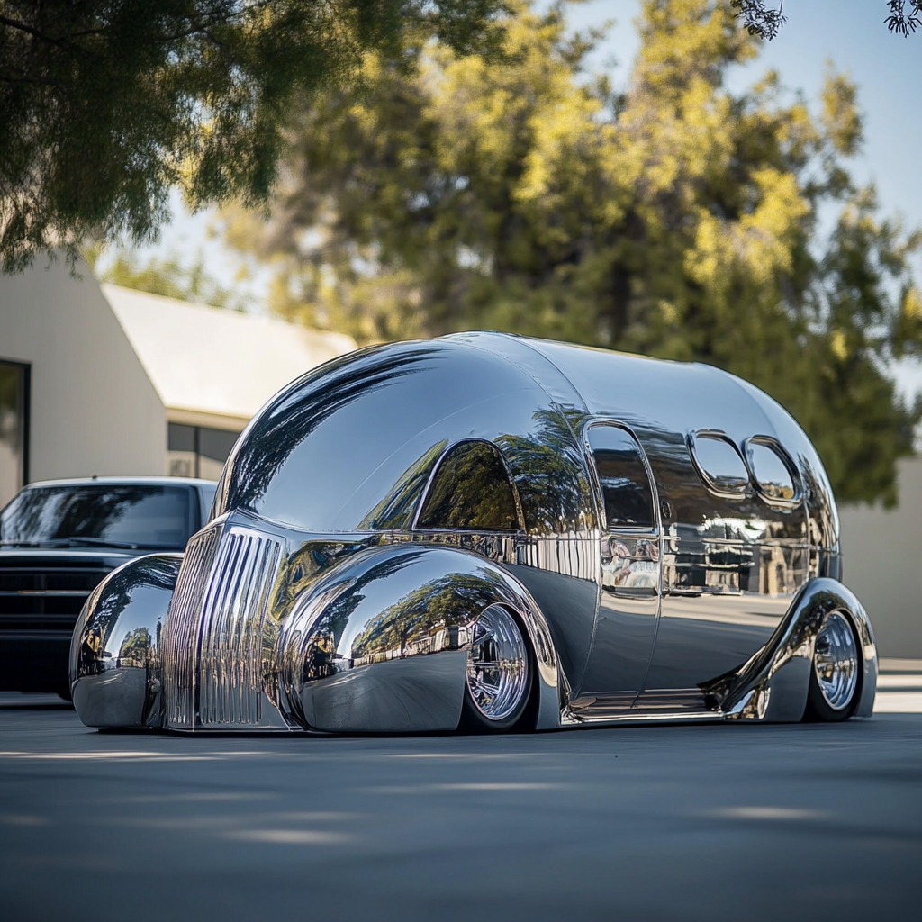 Futuristic cool low rider airstream trailer behind truck