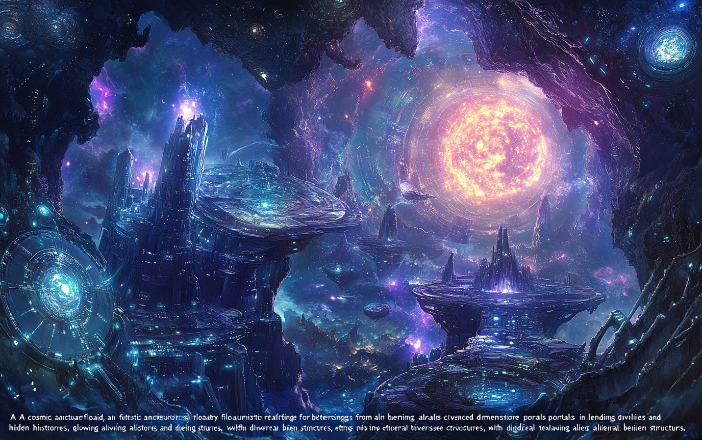 Futuristic cosmic sanctuary with intricate portals connecting dimensions.