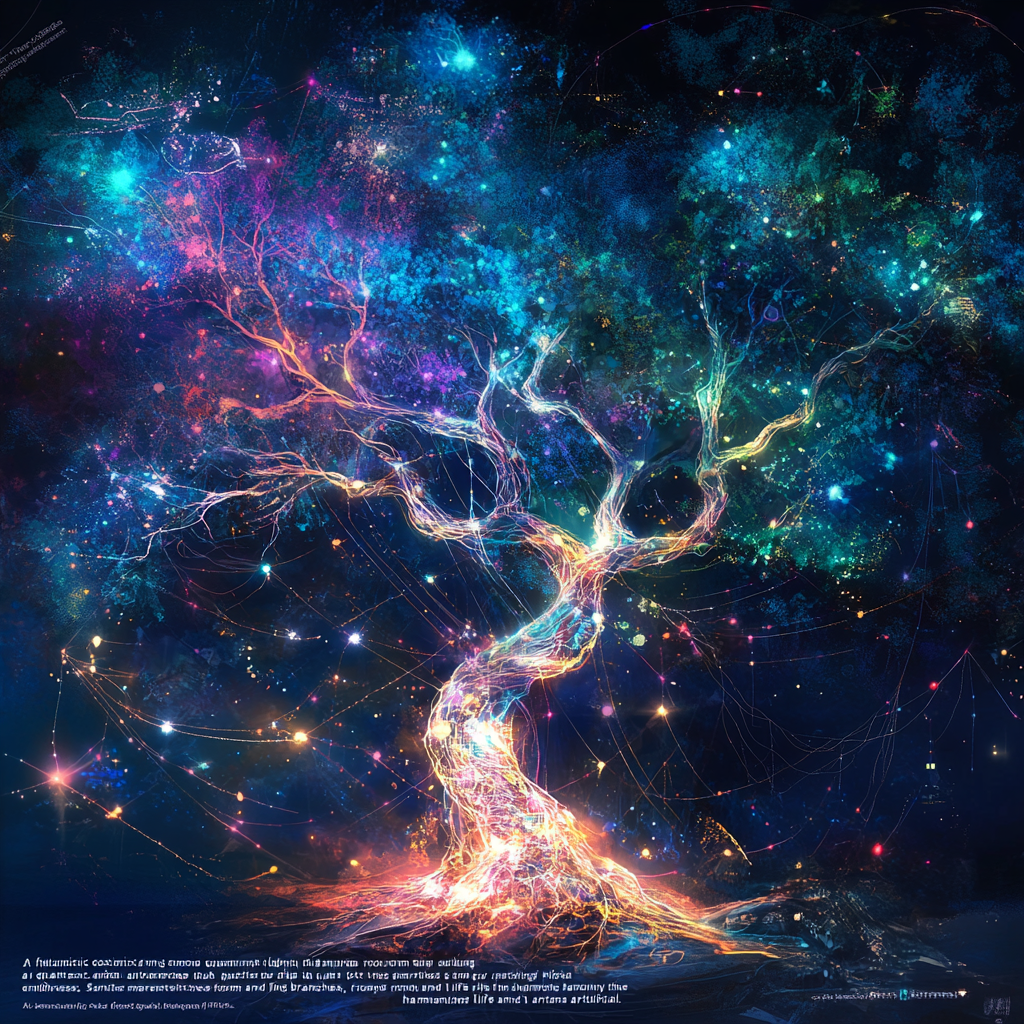 Futuristic cosmic tree with AI guardians emerging.