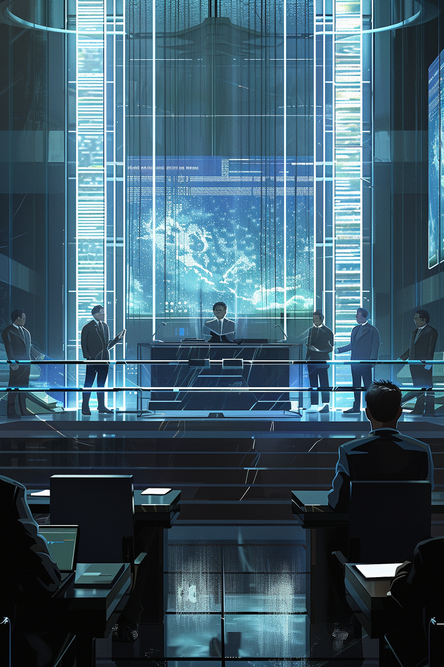 Futuristic courtroom with LED lighting, digital screens, sleek setting.