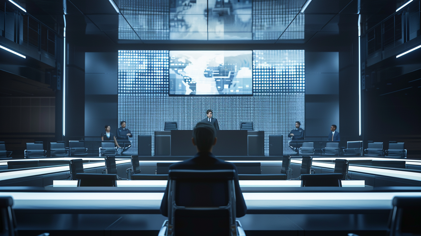 Futuristic courtroom with LED lighting, sleek setting for educator.