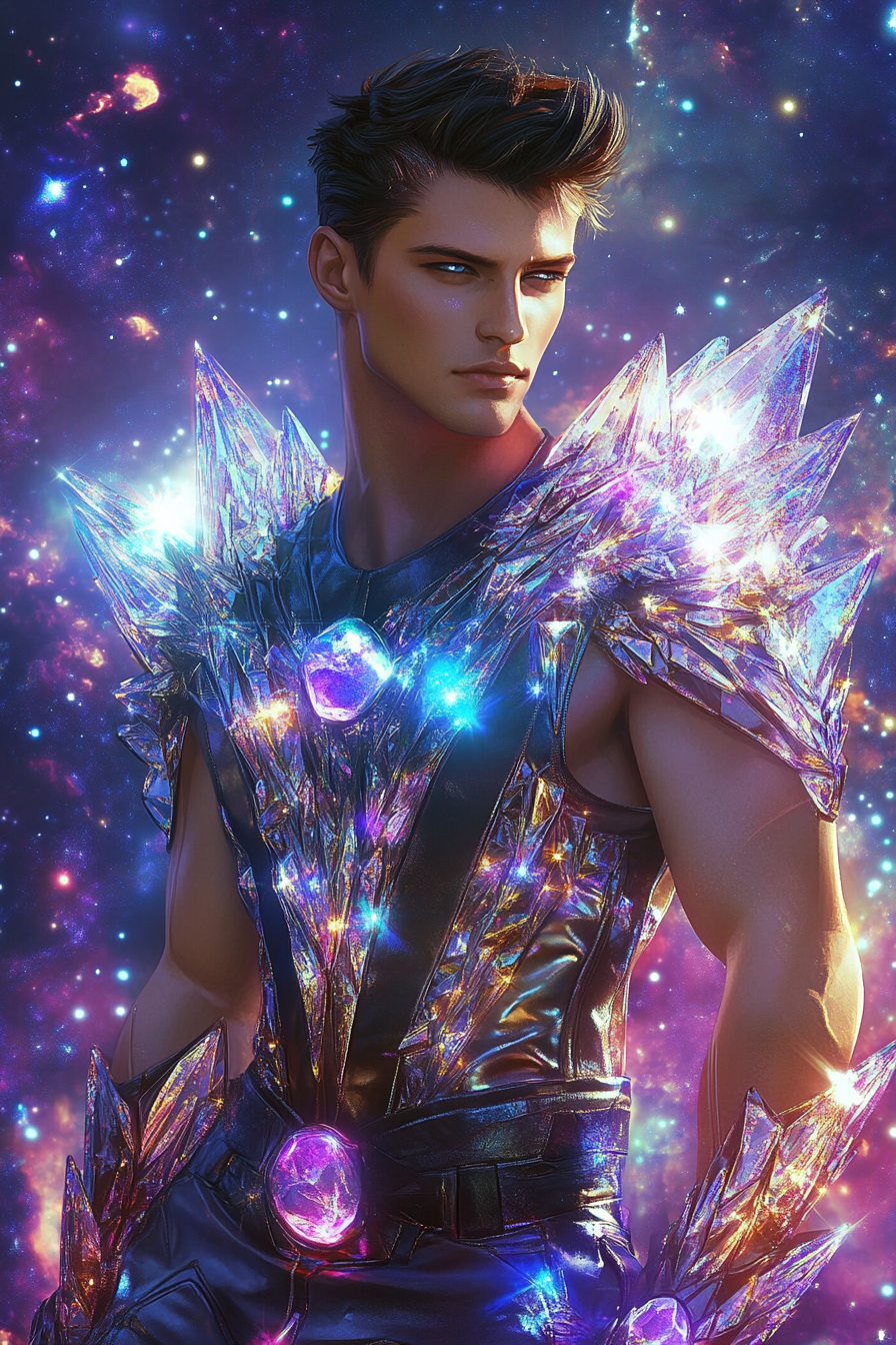 Futuristic crystal outfit on handsome androgynous young man.