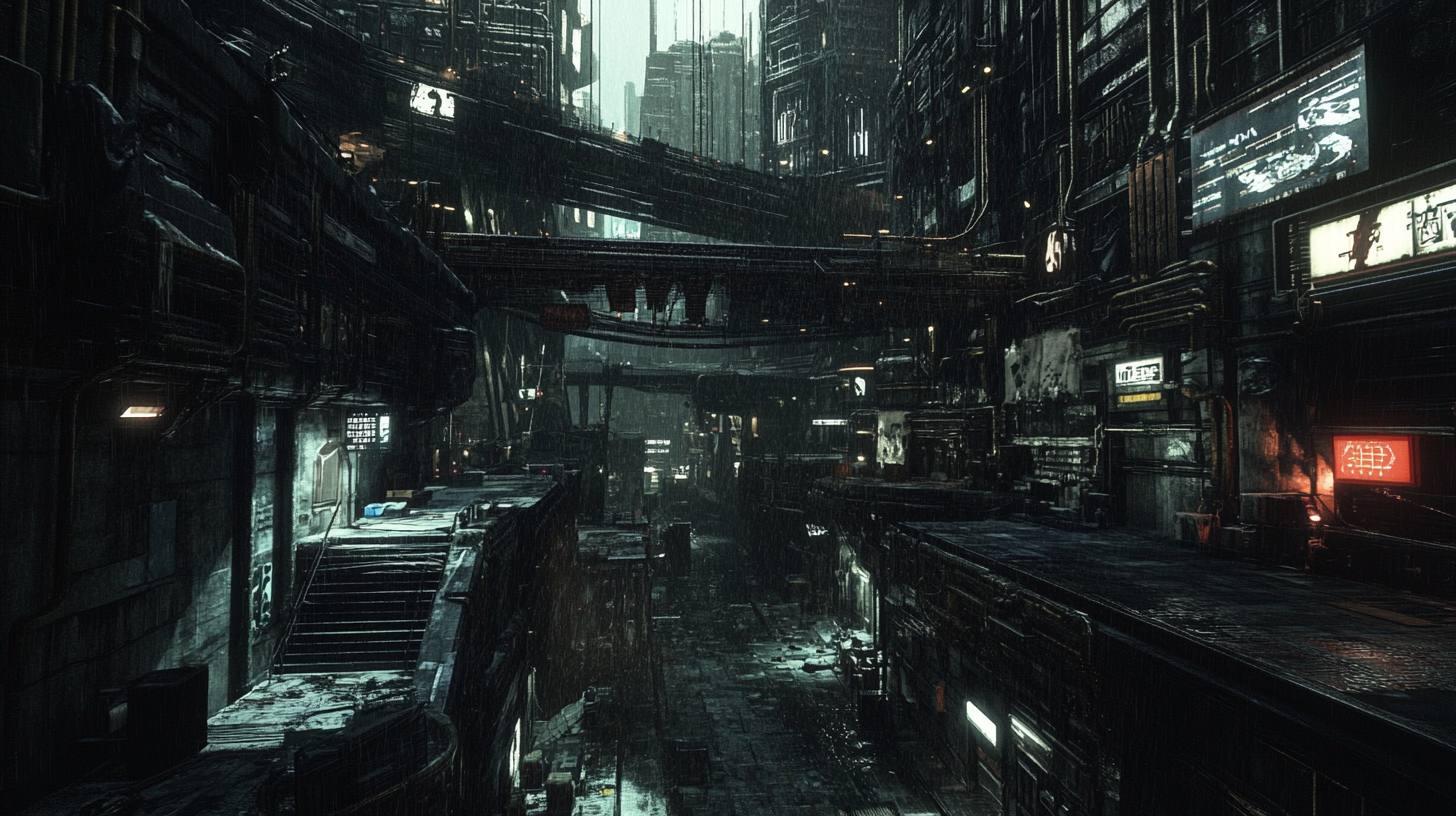 Futuristic cyberpunk alley in enormous city with bridges.