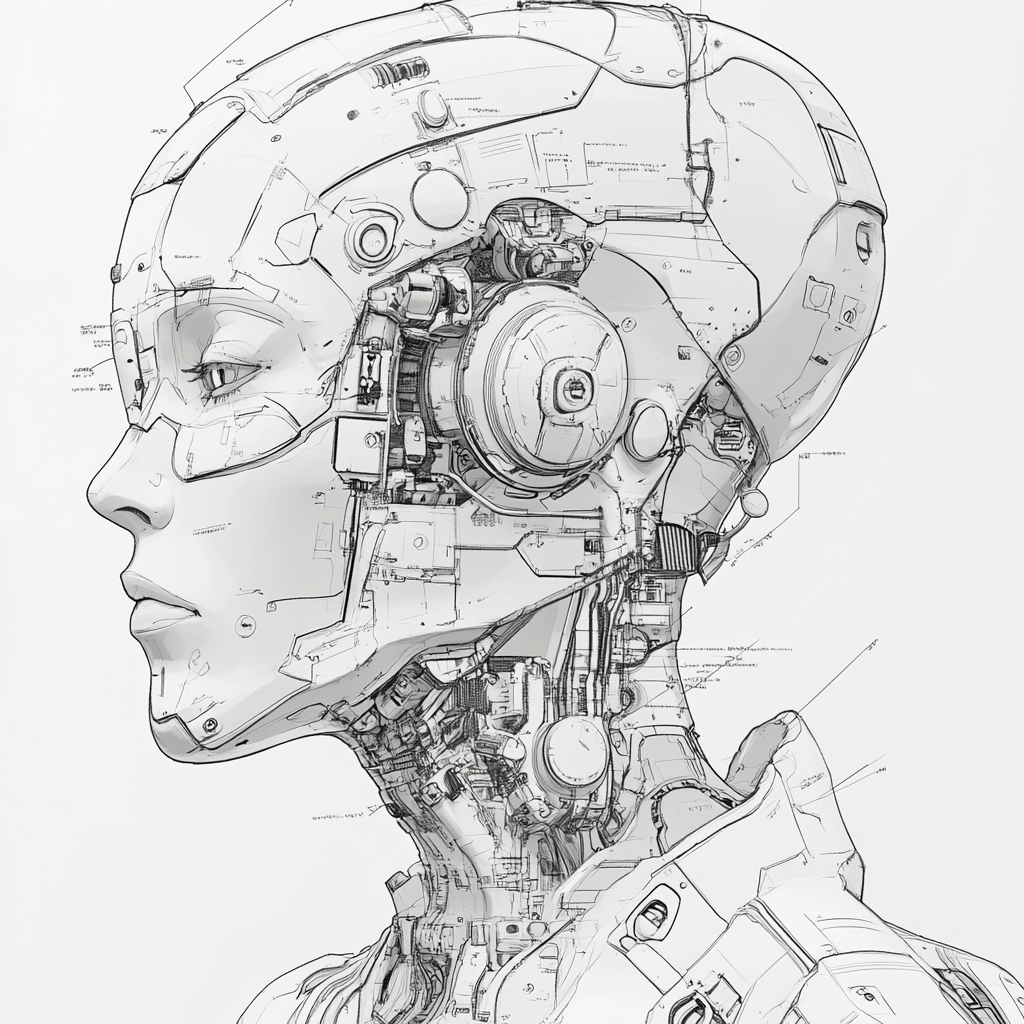 Futuristic cyborg design: high-tech, lifelike and dynamic pose.