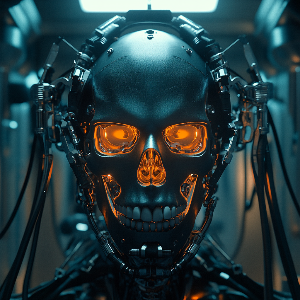 Futuristic cyborg skull with cables in dark sci-fi setting.