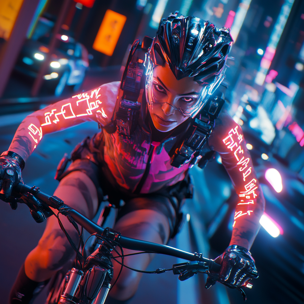 Futuristic cyclist evades police in cyberpunk cityscape