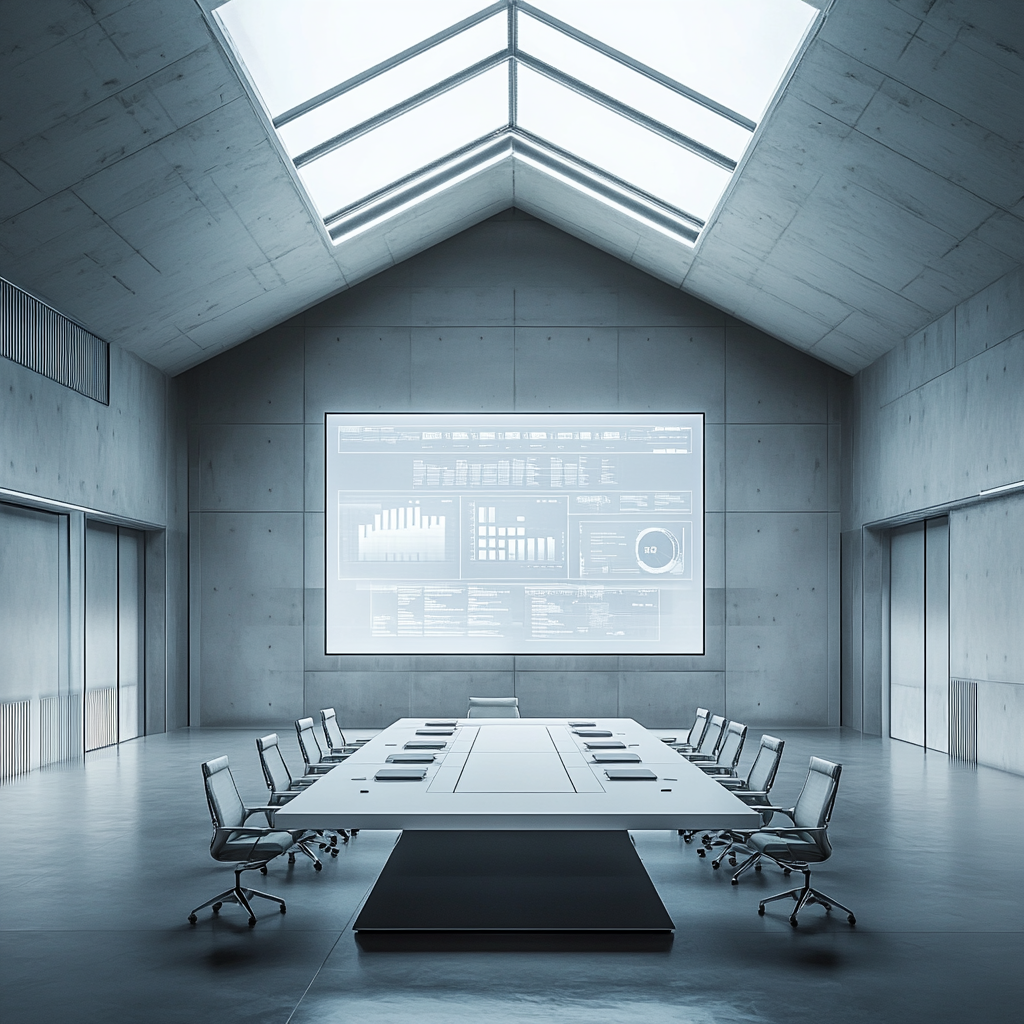 Futuristic empty conference room with holographic charts show.